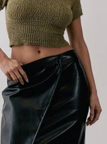 MUSERA Chân váy quấn bất đối xứng dài đến đầu gối, chất liệu giả da, cài nút, phong cách mùa hè thập niên 90, gợi cảm. - màu đen - Xem 5