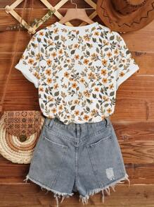 INAWLY Plus Size Women's Casual Short Sleeve Flower Print Round Neck T-Shirt, Summer Graphic Tees Women Tops