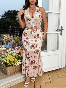 SHEIN Clasi Bộ trang phục 2 món thời trang mới mẻ họa tiết hoa cho kỳ nghỉ cỡ lớn dành cho nữ - Áo crop top dây mảnh lưới gợi cảm và chân váy maxi đuôi cá cạp cao - Nhiều màu - Xem 7