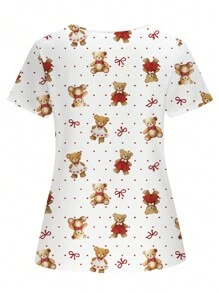 PopScrub 卡通熊印花短袖女式护士制服上衣 - 白色 - 查看 5