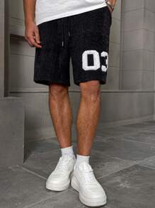 Manfinity Campus Court Men's Streetwear Black And White 03 Embroidered Plush Shorts,Summer Beach Young Street Style College Sports Basketball Shorts With Side Pocket Design - Black - View 6