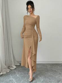 Elenzga 女士优雅通勤连衣裙，不对称领口，腰部收褶，荷叶边下摆，纹理针织，长袖纯色长裙