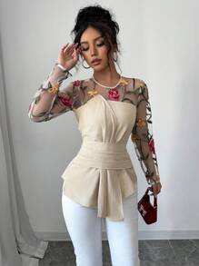 Elenzga 2025情人节新款早春网眼刺绣3D花朵镂空拼布设计收腰优雅褶饰长袖衬衫 - 彩色 - 查看 3