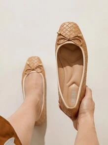 CUCCOO CHICEST Bailarinas cómodas y casuales con lazo y empeine tejido, puntera cuadrada, en color camel y marrón. Hechas de PU tejido, estilo Mary Jane, con un toque retro/vintage/académico/oficina/campus/citas/fiesta