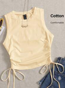 SHEIN EZwear Women's Solid Color Minimalist Sleeveless Knit Tank Top, Everyday Wear - Apricot - View 6