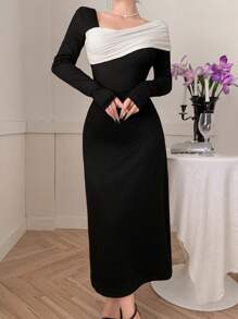 DAZY Women's Contrast Color Patchwork Asymmetrical Neck Bodycon Midi Dress, Elegant Party Dress