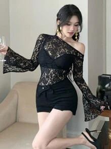 DAZY Women Asymmetric Shoulder Cut-Out Sheer Lace Mesh Blouse,Ruffle
