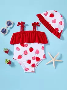 SHEIN Baby Girl Strawberry Pattern Ruffled Swimsuit & Hat Set, Cute Knitted Summer - Red and White - View 8