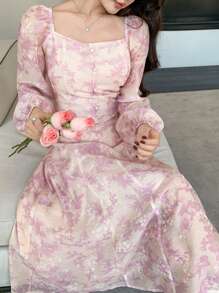 DAZY 女式春季碎花印花腰部 A 字连衣裙、休闲度假/派对装、秋季连衣裙长袖连衣裙 - 粉色 - 查看 4