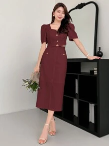 DAZY 2 pièces/Set Style Casual Chic Top à simple boutonnage et Jupe évasée Tenue de Noël - Rouge foncé - Voir 3