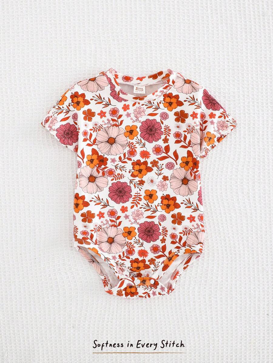 Cozy Pixies Baby Girl Soft Knitted Floral Print Short Sleeve Bodysuit