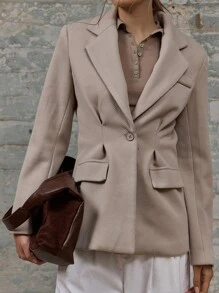 MUSERA 修身梭织收腰单扣西装外套，优雅商务休闲风，适合夏季、春季、假期、毕业舞会、婚礼宾客、生日等场合。 - 卡其色 - 查看 5