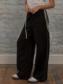 MUSERA 低腰弹力磨毛修身镂空细节阔腿裤，90年代夏季性感时尚优雅 - 黑色 - 查看 4