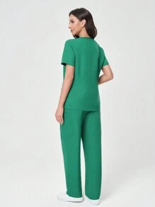 Scrubzie Women's Solid Color Pocket Wrinkle-Resistant Short Sleeve Shirt And Pants /Nursing Scrub Uniform Set - Green - View 2