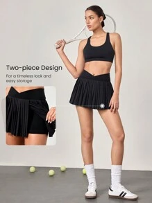 GLOWMODE 让我们玩吸汗弹力中腰交叉腰褶皱网球裙内置短裤侧袋网球高尔夫日常 - 黑色 - 查看 6