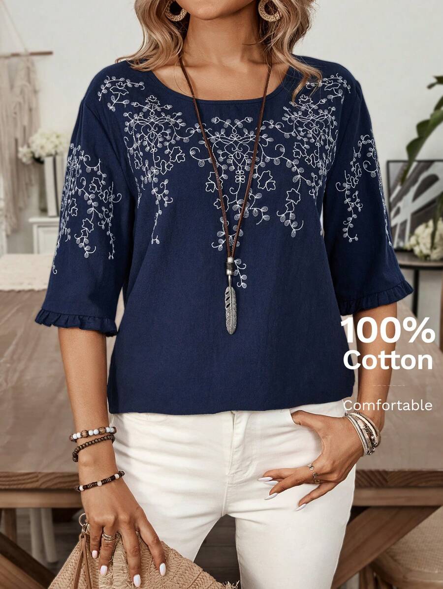 EMERY ROSE Linen Embroidered Women's Casual Round Neck Summer Top Shirt