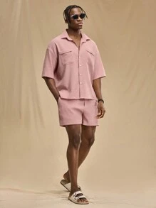 Forever 21 Men's Solid Color Textured Short Sleeve Shirt And Shorts Set For Spring And Summer , Basic , Going Out , Plain , Husband
