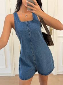 Siren Gaze Peto vaquero informal de mujer con pantalones cortos, sin mangas, ajustado - Azul - Ver 5