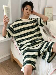 DAZY Conjunto de Roupas Domésticas Masculinas com Camiseta Listrada de Verão e Estampa de Filhote de Cachorro, Pijama Multicolorido