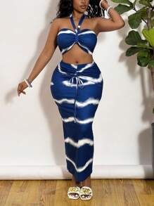 Slaydiva Plus-size dames vakantie halternek tanktop & bodycon rok 2-delige set