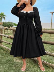 SHEIN Clasi Robe mi-longue princesse à manches bouffantes et taille marquée, tailles grandes - Noir - Voir 4