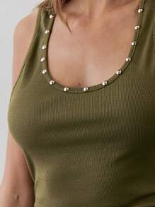 MUSERA Áo tank top ôm dáng cổ tròn, bo gân, viền đính cườm, thích hợp cho mùa thu hè xuân và các dịp lễ. - Màu xanh Ô liu - Xem 5