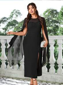 SHEIN Clasi Plus Size Solid Color Cape Asymmetrical Sleeve Fitted High Slit Black Long Dress - Black - View 1
