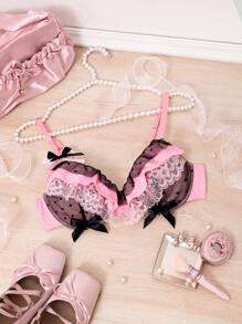 Women Lace Ruffles Bow Patchwork Underwire Padded Bra Lingerie