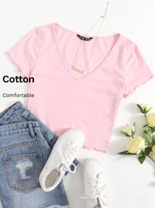 SHEIN EZwear V-Neck Lettuce Trim Top