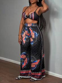Slaydiva Vacation Suspenders, Ultra-Cut Top, Wide-Legged Ultra-Long Pants, All-Over Butterfly Print Women's Two-Piece Set-C - Black - View 6
