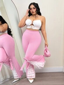 SHEIN ICON High Waist Split Lace Tiered Patchwork Bow Decor Bodycon Flared Wide Leg Pants