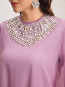 Al Najma 女士粉色两件套仿珍珠圆领长袖网眼拼接简约阿拉伯风装春季情人节