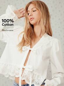 Easelle 女士翻领水溶性刺绣蝴蝶结前开襟灯笼袖荷叶边宽松白色衬衫 - 白色 - 查看 13