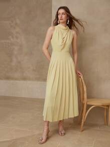 MOTF PREMIUM VESTIDO PLISADO DE CUELLO DE BUFANDA - Amarillo - Ver 4