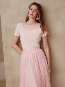 MOTF APPLIQUES CONTRAST MESH SHORT SLEEVE T-SHIRT - Pink - View 4