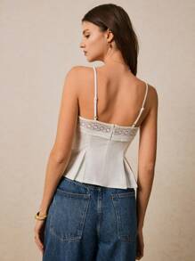 Poéselle Elegant Spaghetti Strap Peplum Top With Embroidered Detail - Ideal For Stylish Summer Outfits,Women's Peplum Tops, Spaghetti Strap Blouses, Cute Summer Tops, Embroidered Clothing, Chic Casual Wear - White - View 2