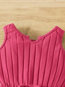 SHEIN Baby Girl Casual Cinched Waist Striped Bowknot Sleeveless Jumpsuit Set, Suitable For Summer - Hot Pink - View 3