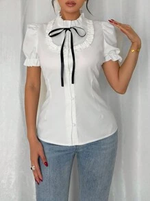 Rafferiza Ruffle Elastic Cuff Bowknot Blouse