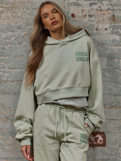 MUSERA Boxy Fit Hip Length Cuff Sleeve Embroidered Detail Hoodie