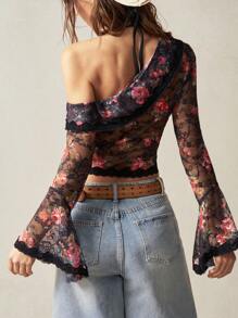 Bohemela BOHO Asymmetric Neck Long Sleeve Fitted Cropped Women Blouse - Black - View 5