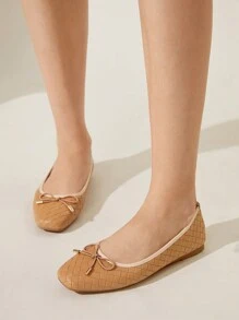 CUCCOO CHICEST Bailarinas cómodas y casuales con lazo y empeine tejido, puntera cuadrada, en color camel y marrón. Hechas de PU tejido, estilo Mary Jane, con un toque retro/vintage/académico/oficina/campus/citas/fiesta