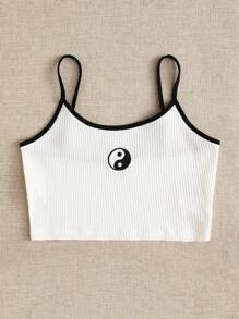 SHEIN EZwear Nhẫn thêu âm dương đan sườn Cami Top - trắng - Xem 5