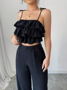 Modelyn 2 stuks/set dames geplooide camisole top en wijde pijpen broek