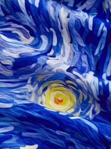 SHEIN MOD 大码夏季梵高“星夜”印花复古泡泡袖女式连衣裙，艺术系列度假野餐装 - 藍色 - 查看 4