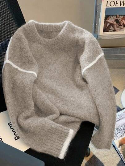 Franclia Retro grå stickad tröja för kvinnor, mjuk, lös överdimensionerad tröja, höst/vinter 2024 nyhet höst