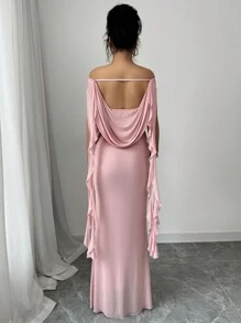 Elenzga Women's Elegant Solid Color Off Shoulder Mermaid Dress - Pink - View 2