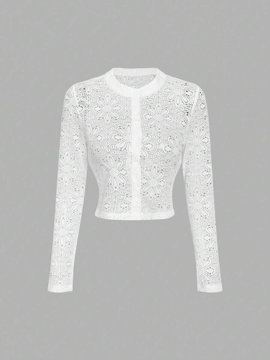 SHEIN MOD 女式白色钩针蕾丝长袖衬衫、度假上衣、镂空衬衫、白色衬衫、波西米亚风、女式沙滩罩衫、网眼、女式纽扣衬衫、波西米亚风女装 - 白色 - 查看 1