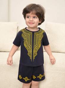 SHEIN 2pcs/Set Baby Boys Casual Traditional Pattern Round Neck Short Sleeve Top & Pants & Hat Set, Suitable For Spring/Summer Home, Outing, Party Wear - Royal Blue - View 8