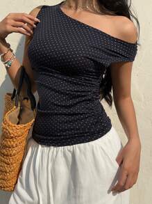 Flirla Women Dot Print Asymmetric Neck Fitted Blouse - Navy Blue - View 3