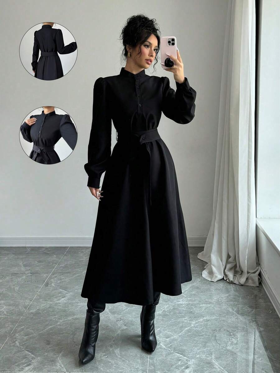 Selianne 女士优雅休闲时尚通勤长袖立领半拉链收腰纯色连衣裙 - 黑色 - 查看 1